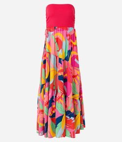 Vestido Longo em Viscose Amarração Lateral e Estampa Tropical