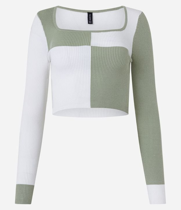 Blusa Cropped em Tricô Estampado com Bloco de Cor Branco/Verde 5