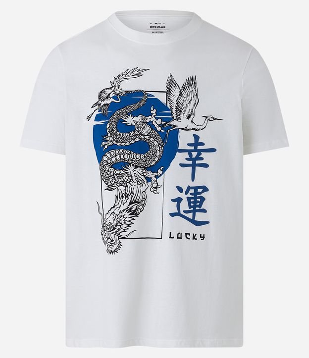 Camiseta Regular com Estampa de Dragão Oriental e Ideograma Japonês Branco 5