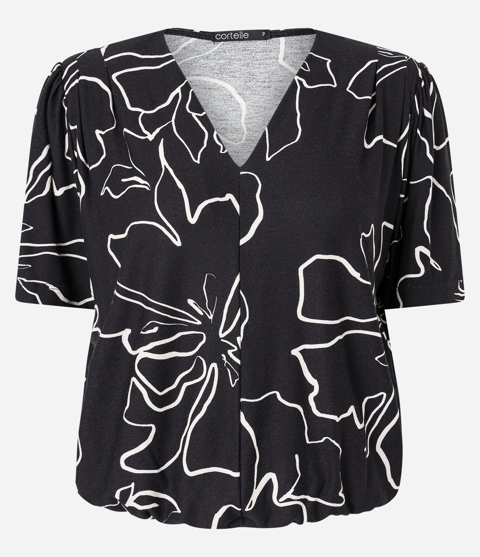 Blusa Manga Curta Acinturada em Meia Malha com Folhagens Estampadas Preto 1