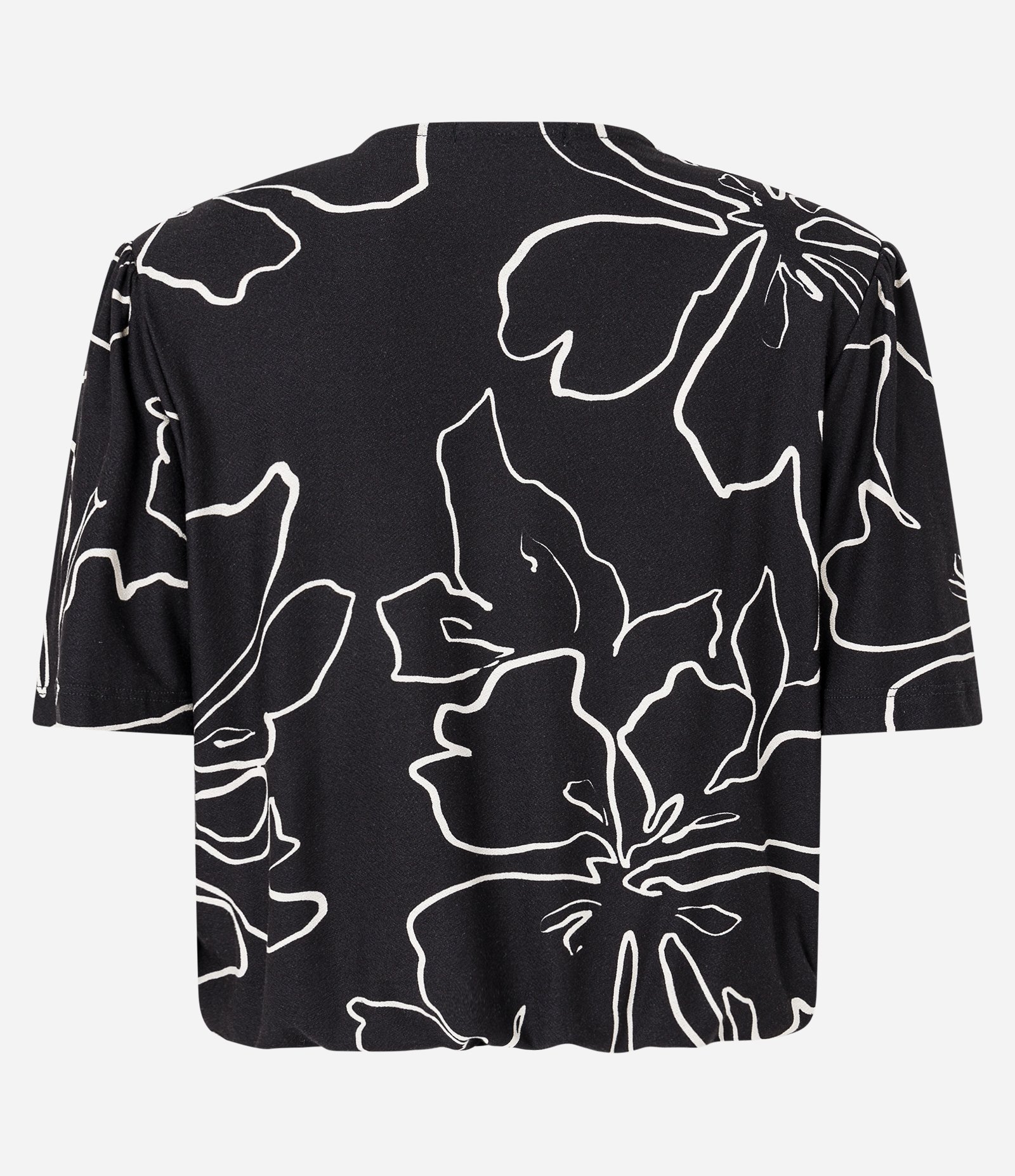 Blusa Manga Curta Acinturada em Meia Malha com Folhagens Estampadas Preto 2