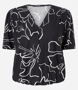 Blusa Manga Curta Acinturada em Meia Malha com Folhagens Estampadas