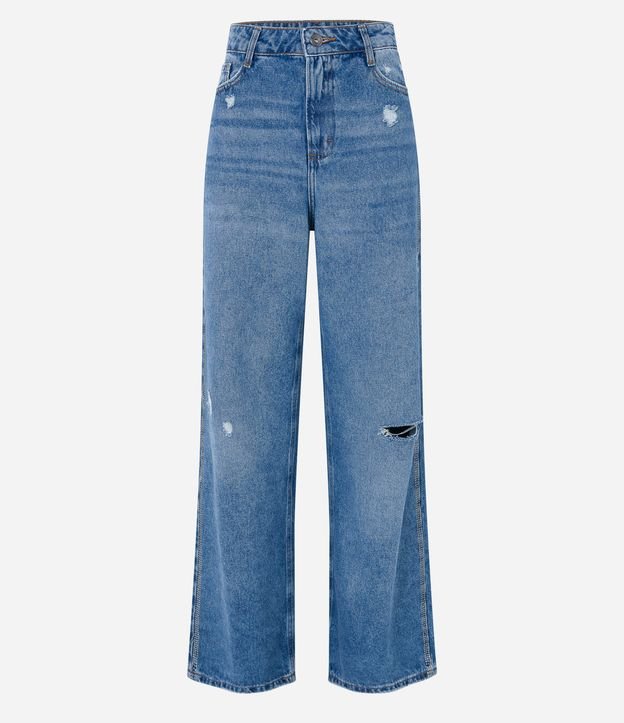 Calça Wide Leg em Jeans com Faixa Lateral de Brilho Azul 5
