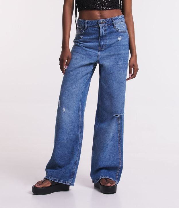 Calça Wide Leg em Jeans com Faixa Lateral de Brilho Azul 2