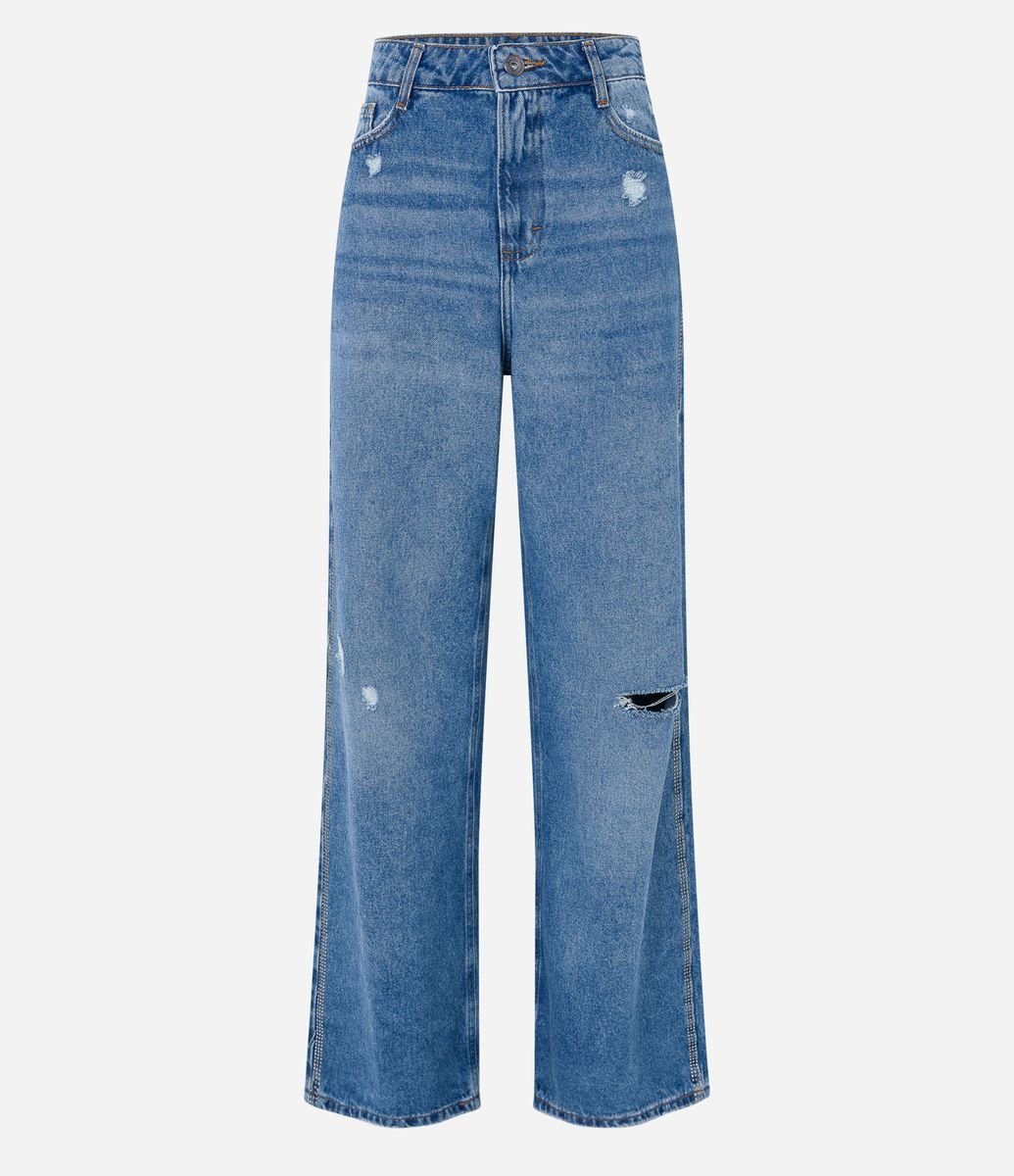 Calça Wide Leg Cintura Alta em Jeans com Rasgos e Barra a Fio Azul - Lojas  Renner