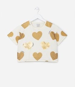 Blusa Cropped com Estampa de Corações com Glitter e Paetê - Tam 5 a 14 Anos