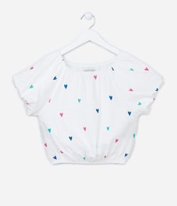 Blusa Balonê Cropped Infantil com Estampa de Corações - Tam 5 a 14 Anos