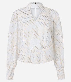 Blusa Manga Longa em Chiffon Metalizado com Gola Alta e Decote V