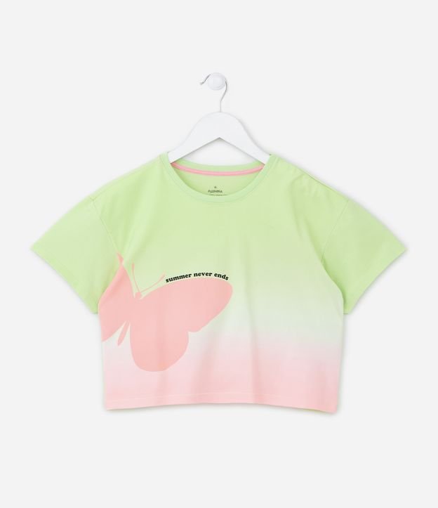 Blusa Cropped com Estampa de Borboleta e Dip Dye - Tam 5 a 14 Anos