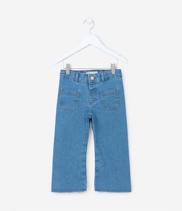 Calça Wide Leg Jeans Infantil com Bolsinhos e Barra Desfiada - Tam 1 a 5 anos Azul 1