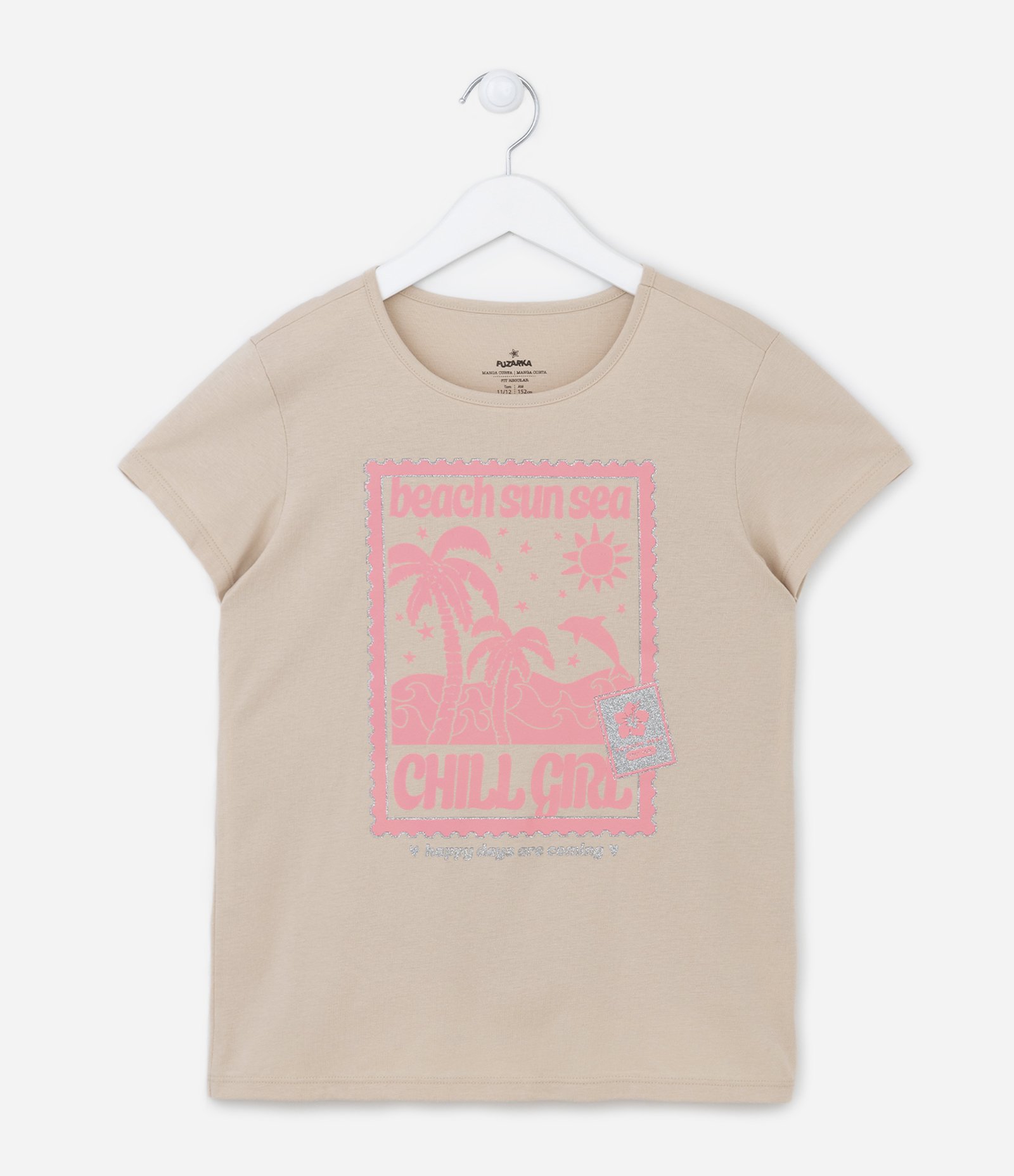 Camiseta Infantil com Estampa Praia - Tam 5 a 14 Anos Bege 1