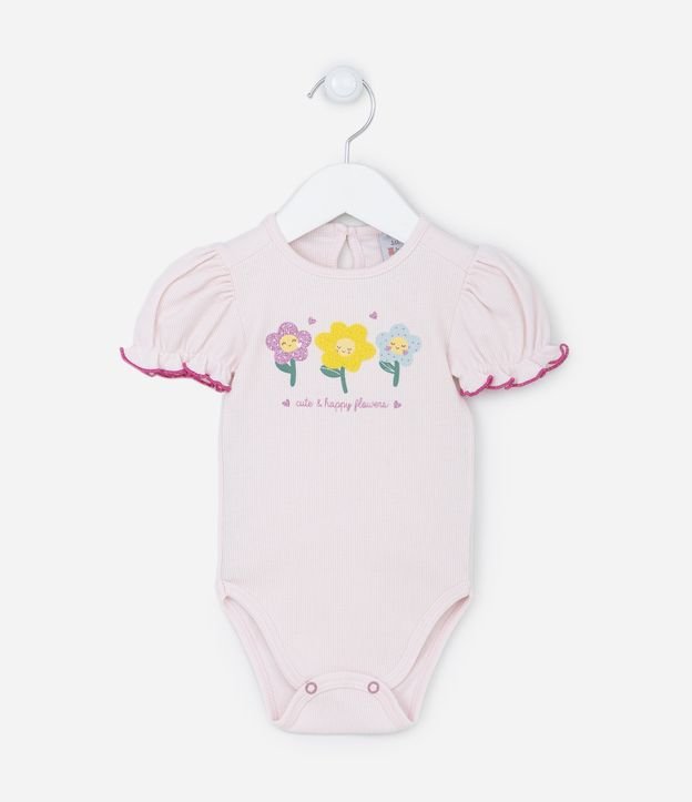 Body Infantil Caneladinho com Manga Bufante e Florzinhas - Tam 0 a 18 meses