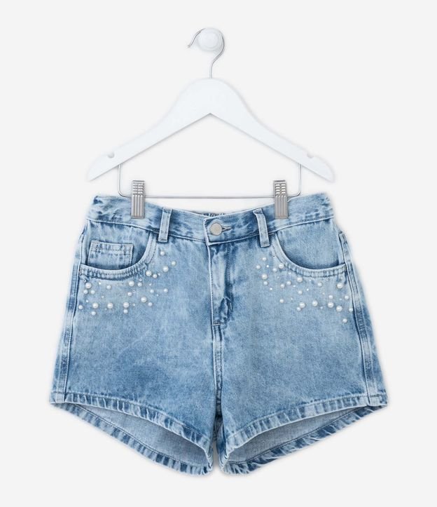 Short Jeans Infantil com Cintura Alta e Pérolas- Tam 5 a 14 Anos Azul 1
