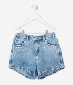 Short Jeans Infantil com Cintura Alta e Pérolas- Tam 5 a 14 Anos