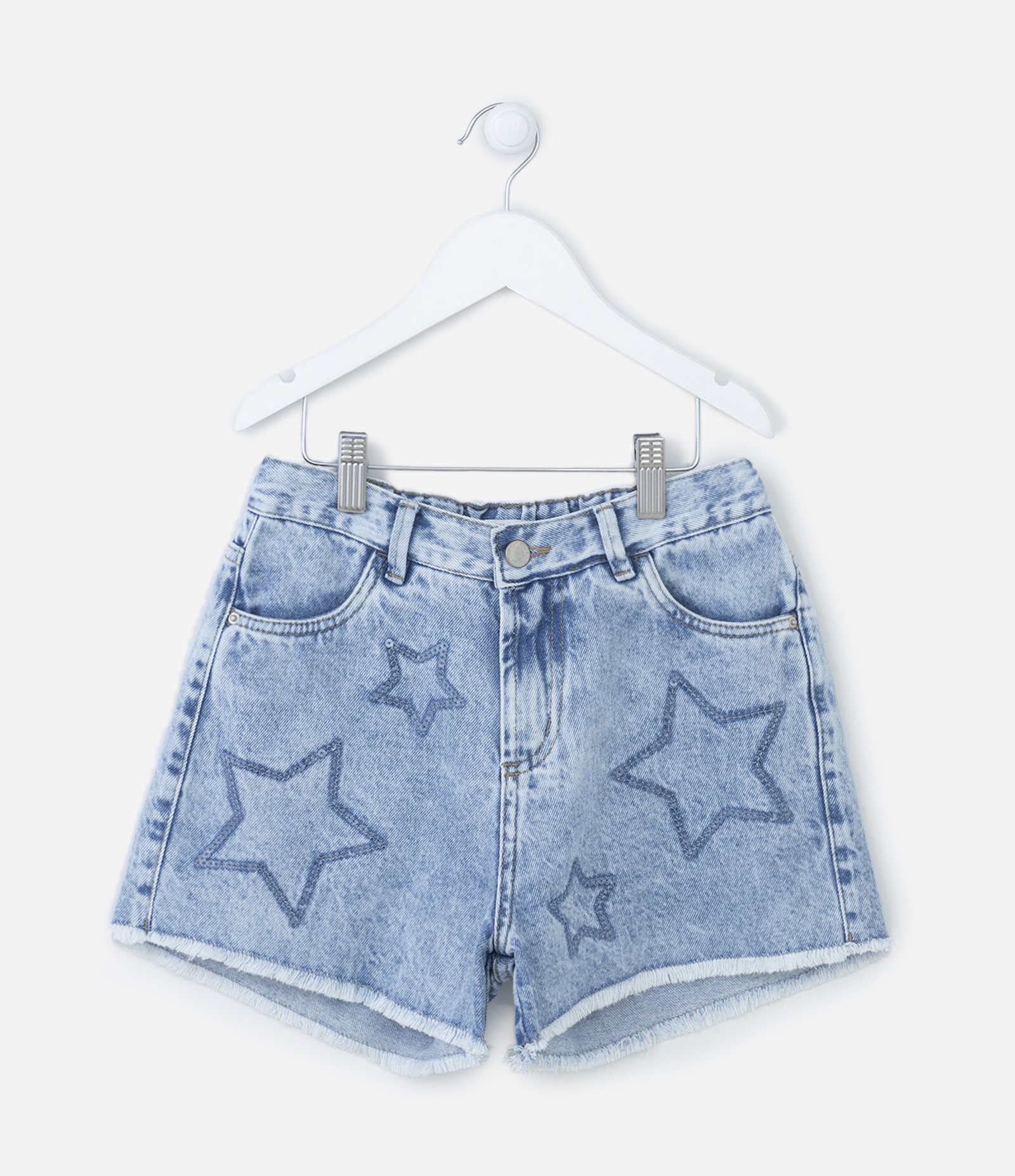 Short Cintura Alta em Jeans com Bordado de Estrelas em Paetês - Tam 5 a 14 anos Azul 1