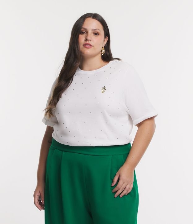 Blusa em Meia Malha com Aplicação de Chaton Abacaxi Curve & Plus Size Branco 1