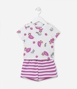 Conjunto Infantil com Estampa de Flamingos e Listras - Tam 1 a 5 anos