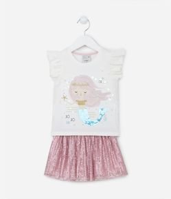 Conjunto Infantil com Estampa de Sereia e Saia em Paetês - Tam 1 a 5 anos