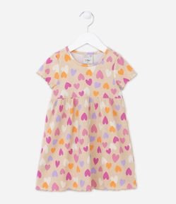 Vestido Infantil Canelado com Estampa de Corações - Tam 1 a 5 anos