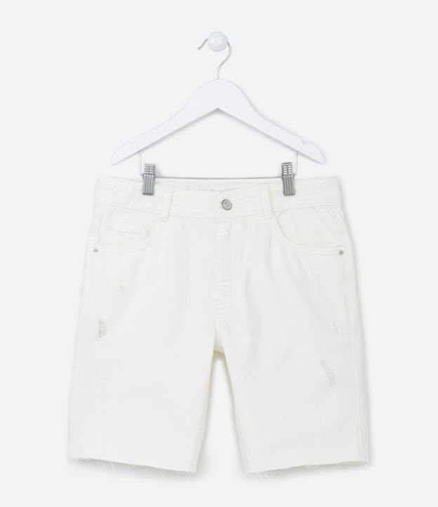 Bermuda Jeans Infantil com Puídos e Barra a Fio - 5 a 14 Anos Off White 1