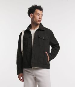 Jaqueta Boxy em Sarja com Bolsos Frontais e Recortes