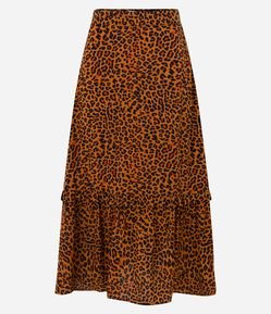 Saia Midi em Viscose Estampa Animal Print e Babado na Barra