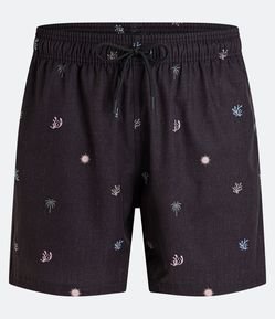 Bermuda de Banho em Microfibra com Estampa de Coral Coqueiros e Sol