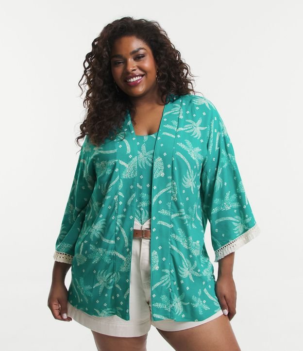 Short + Kimono Plus Size estampado Verde Conjunto Feminino