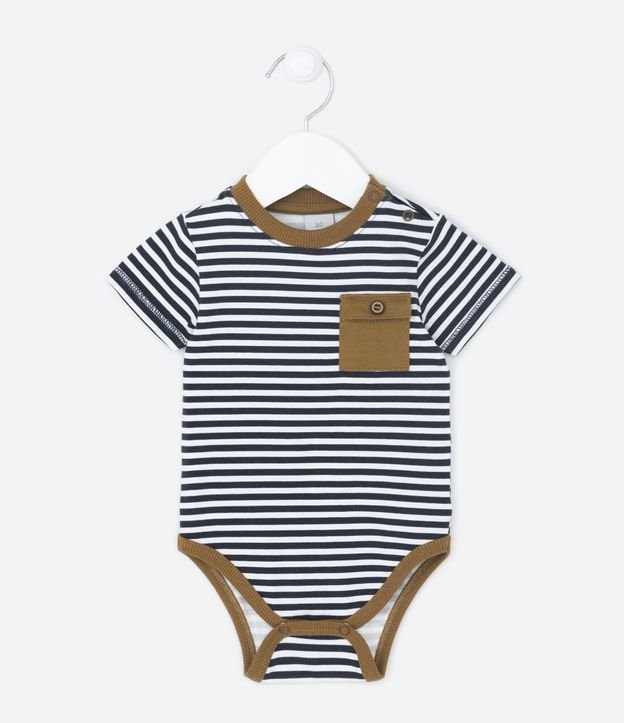 Body Infantil Listrado com Bolsinho de Lapela - Tam 0 a 18 Meses