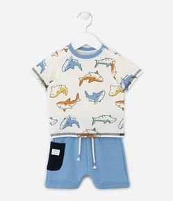 Conjunto Infantil com Estampa de Tubarões - Tam 0 a 18 Meses