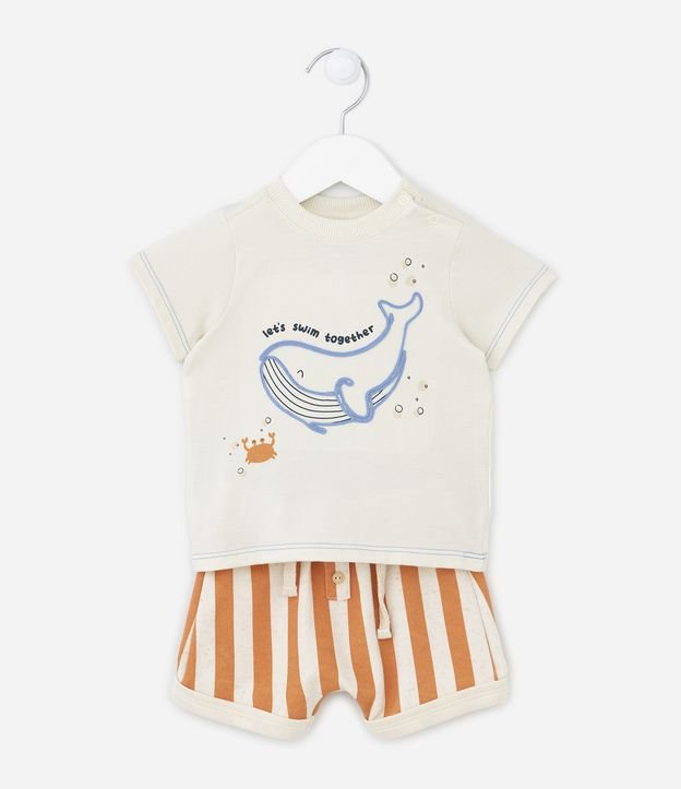 Conjunto Infantil Curto com Estampa de Baleia e Listras - Tam 0 a 18 Meses