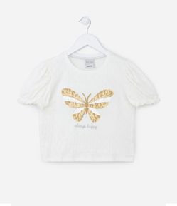 Blusa Infantil Texturizada com Estampa de Borboleta em Paetê - Tam 5 a 14 anos