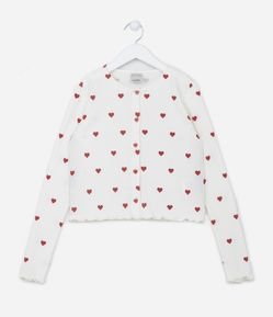 Cardigan Canelado Infantil com Estampado de Coraçõezinhos - Tam 5 a 14 anos