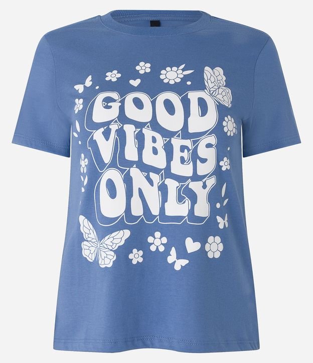 Blusa T-shirt em Meia Malha com Estampa Good Vibes Only Azul 5
