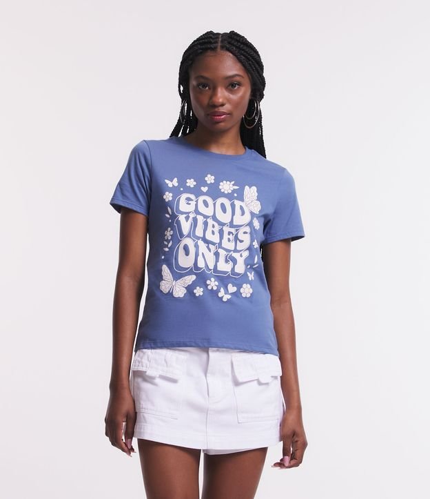 Blusa T-shirt em Meia Malha com Estampa Good Vibes Only Azul 1