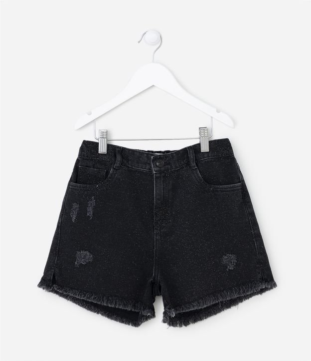 Short Jeans Infantil Cintura Alta com Glitter e Puídos - Tam 5 a 14 Anos Preto 1