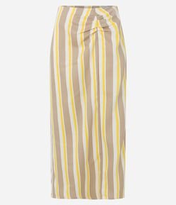 Saia Midi Acetinada com Pregas e Listras Coloridas Verticais