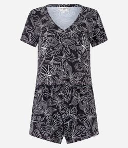 Pijama Curto em Viscolycra com Estampa Borboletas Contrastante