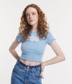 Blusa Cropped em Ribana Texturizada com Estampa de Florzinhas e Lettering