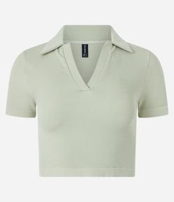 Blusa Cropped Canelada sem Costura com Gola Polo