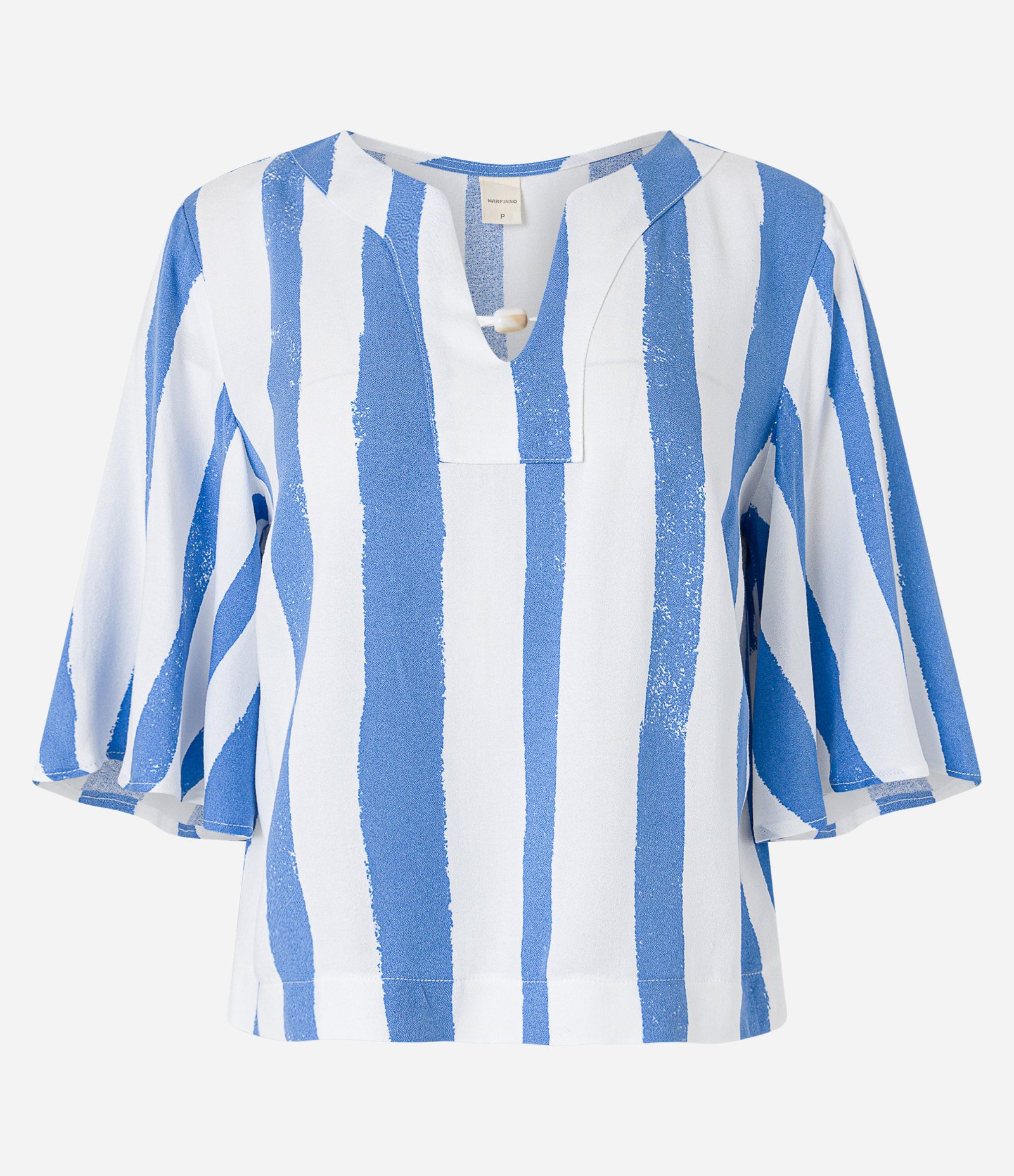 Blusa Manga Evasê em Viscose com Listras Irregulares Azul/Off White 6