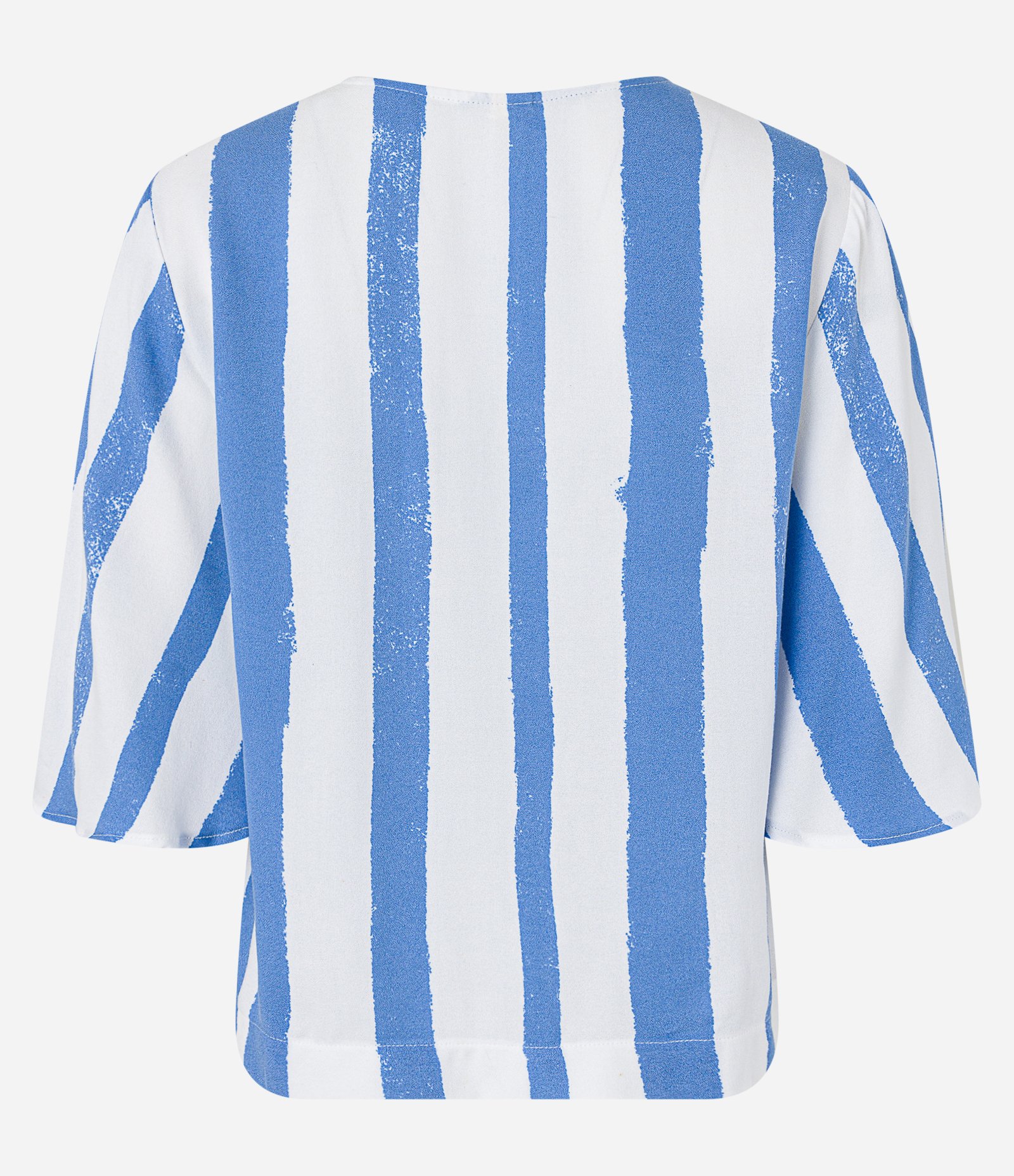 Blusa Manga Evasê em Viscose com Listras Irregulares Azul/Off White 7