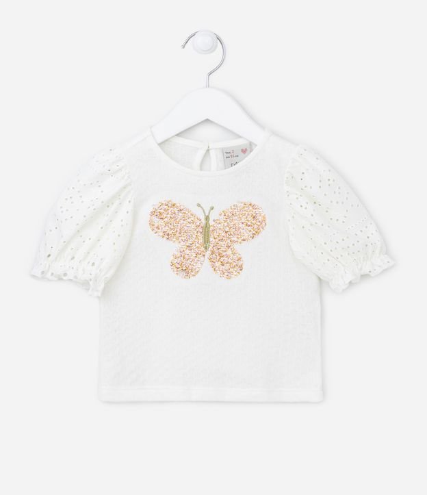 Blusa Infantil com Manga Bufante Broderie e Bordado de Borboleta - Tam 1 a 5 Anos