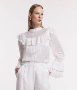 Blusa Manga Longa em Chiffon Plissado com Babados