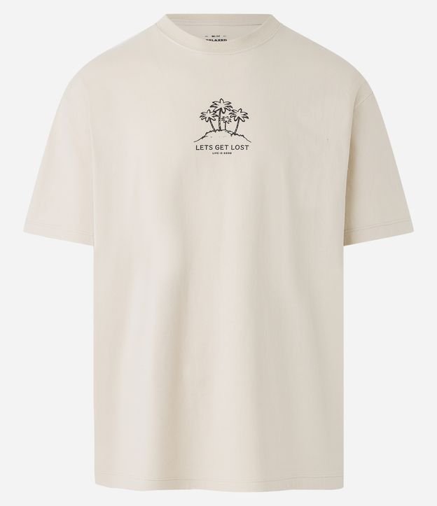 Camiseta Relaxed com Estampa Minimalista de Coqueiros e Lettering em Relevo Bege 5