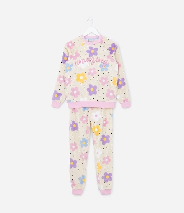 Pijama Longo Infantil em Fleece com Estampa de Flores - Tam 5 a 14 anos