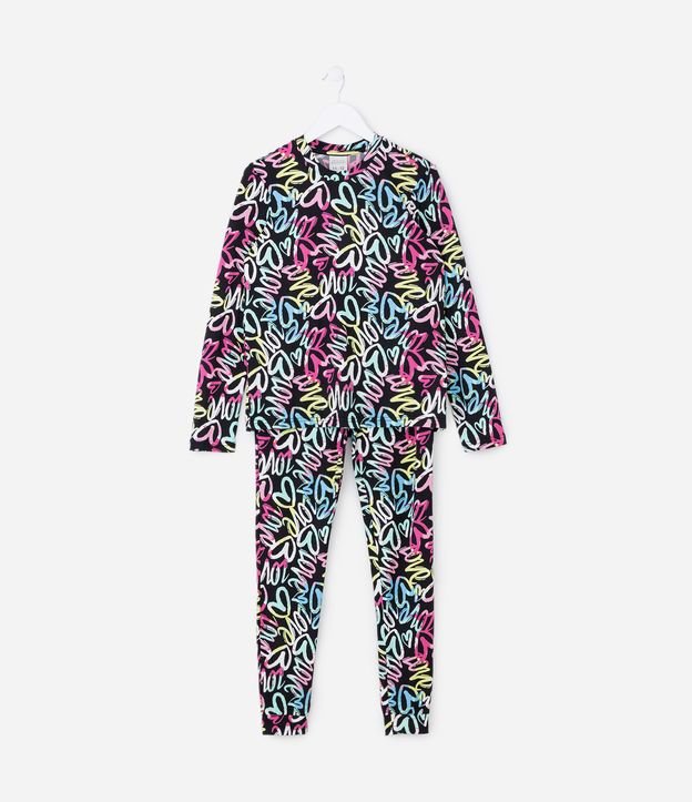 Pijama Infantil com Toque Suave e Estampa de Corações e Lettering - Tam 6 a 14 Anos Preto 1
