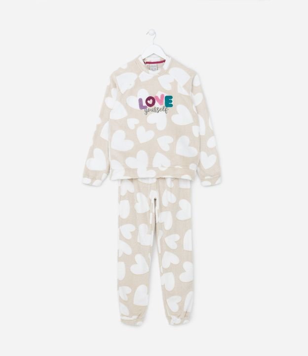 Pijama Longo Infantil em Fleece com Bordado Love Estampa Corações - Tam 4 a 14 Anos