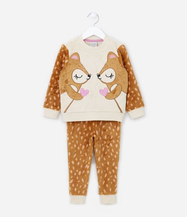 Pijama Longo Infantil em Fleece com Bordado de Raposinhas - Tam 1 a 4 Anos