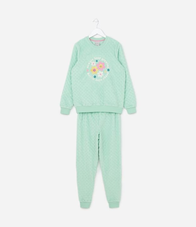 Pijama Longo Infantil em Fleece com Relevo e Bordado Florzinhas - Tam 5 a 14 Anos